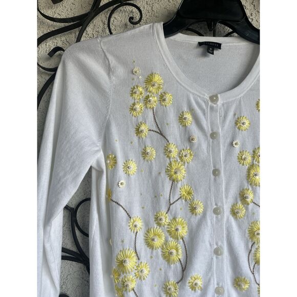Talbots Floral Embroidered Lightweight Cardigan- Size M- White/Yellow - Picture 3 of 7